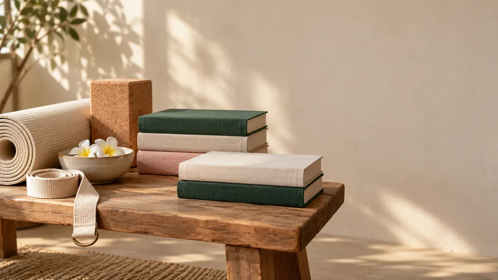 Two unlabelled yoga-training notebooks stacked beside a mat and strap in soft morning light
