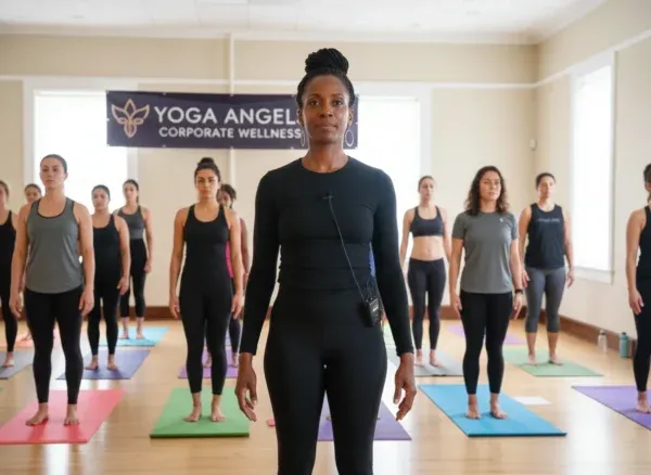 A Yoga Angels instructor leading a Corporate Wellness class, the group standing on their mats behind her