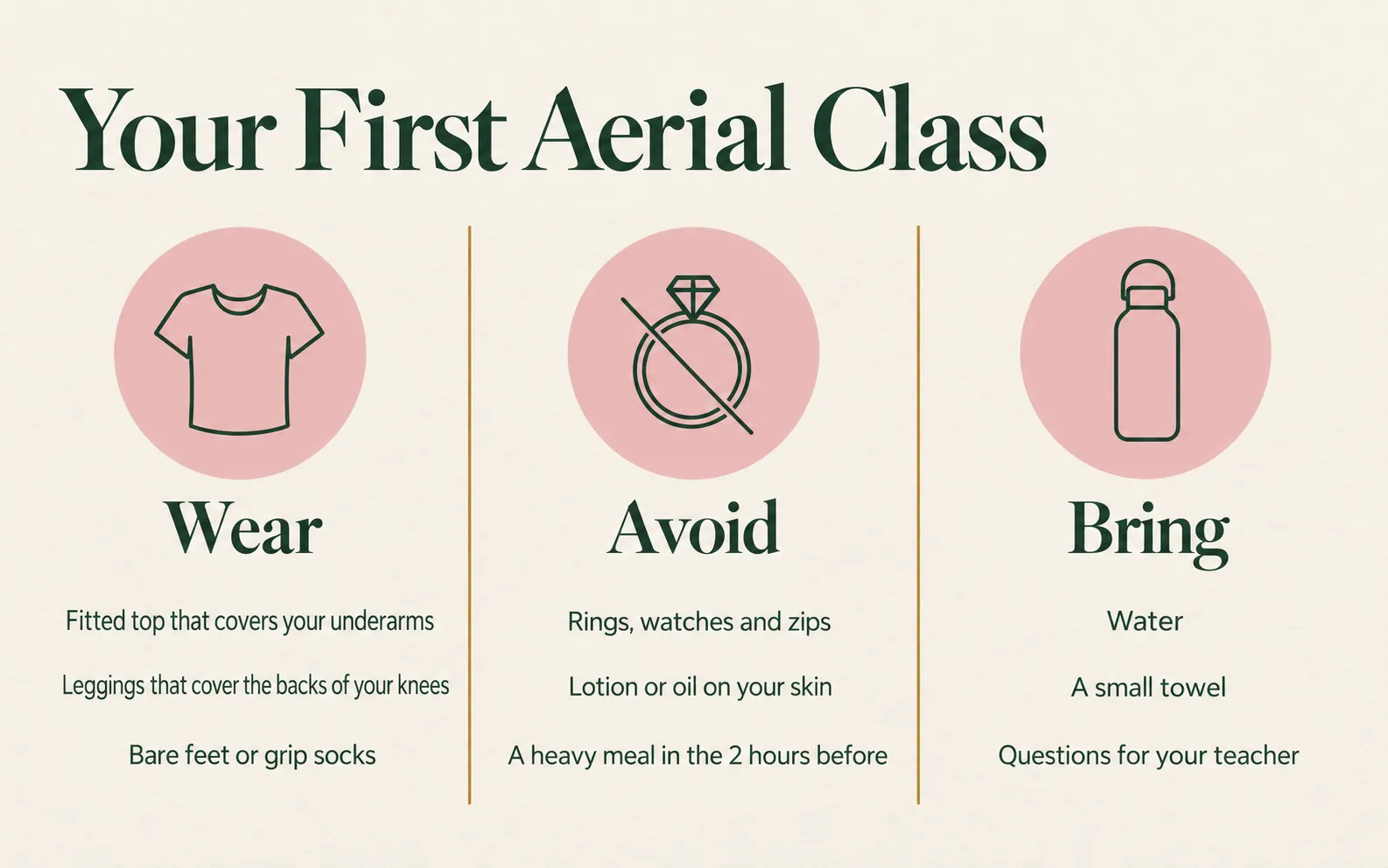 Aerial yoga first-class checklist: what to wear, what to avoid, what to bring