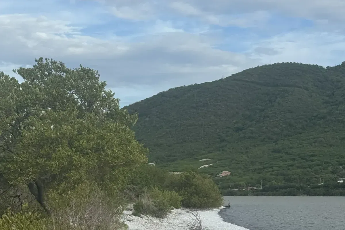 The salt pond shore near Yallahs, St. Thomas, Jamaica, with green hills and a cloudy sky