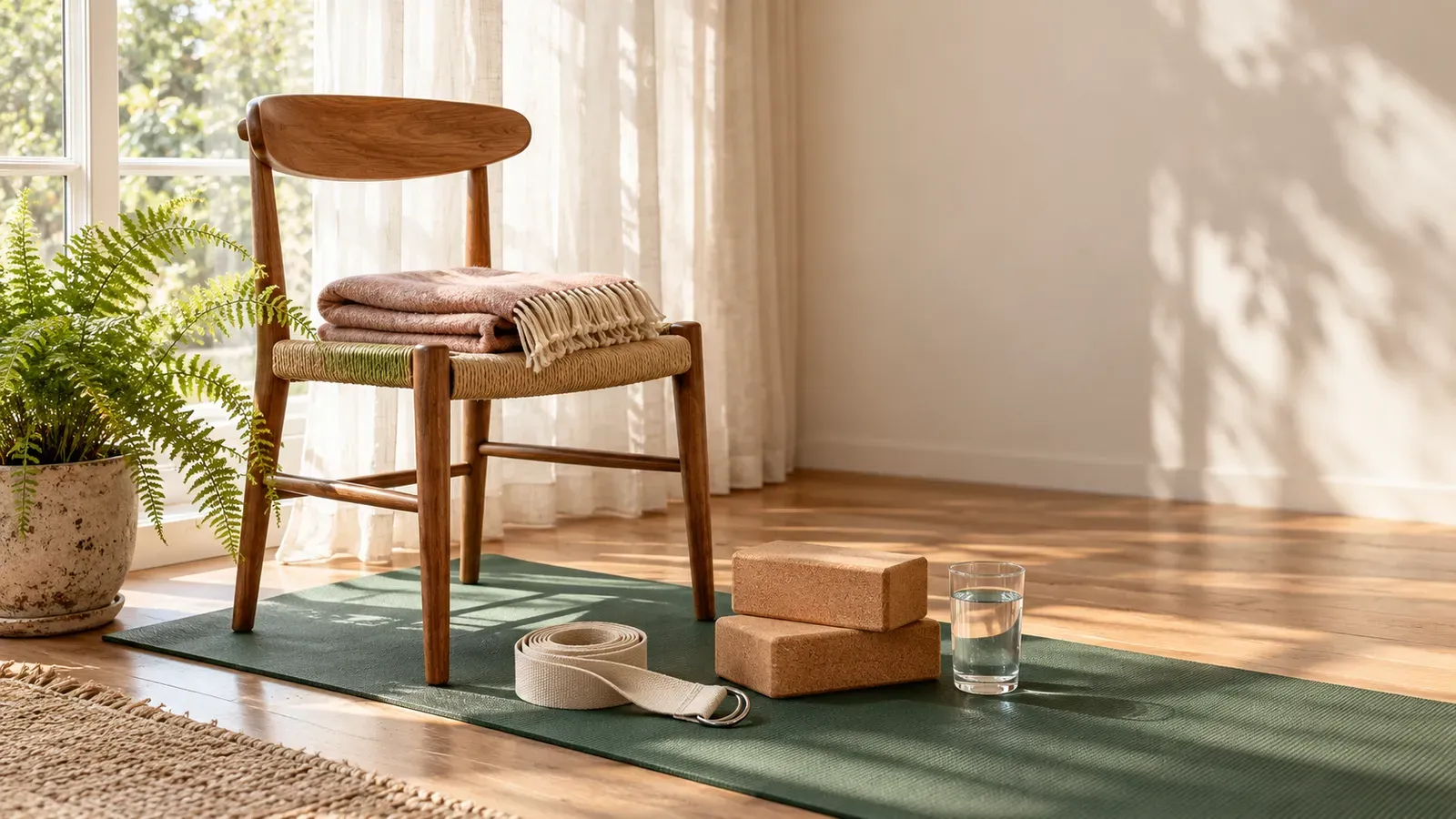 Wooden chair with a folded blanket, yoga strap, and block beside a warmly lit window