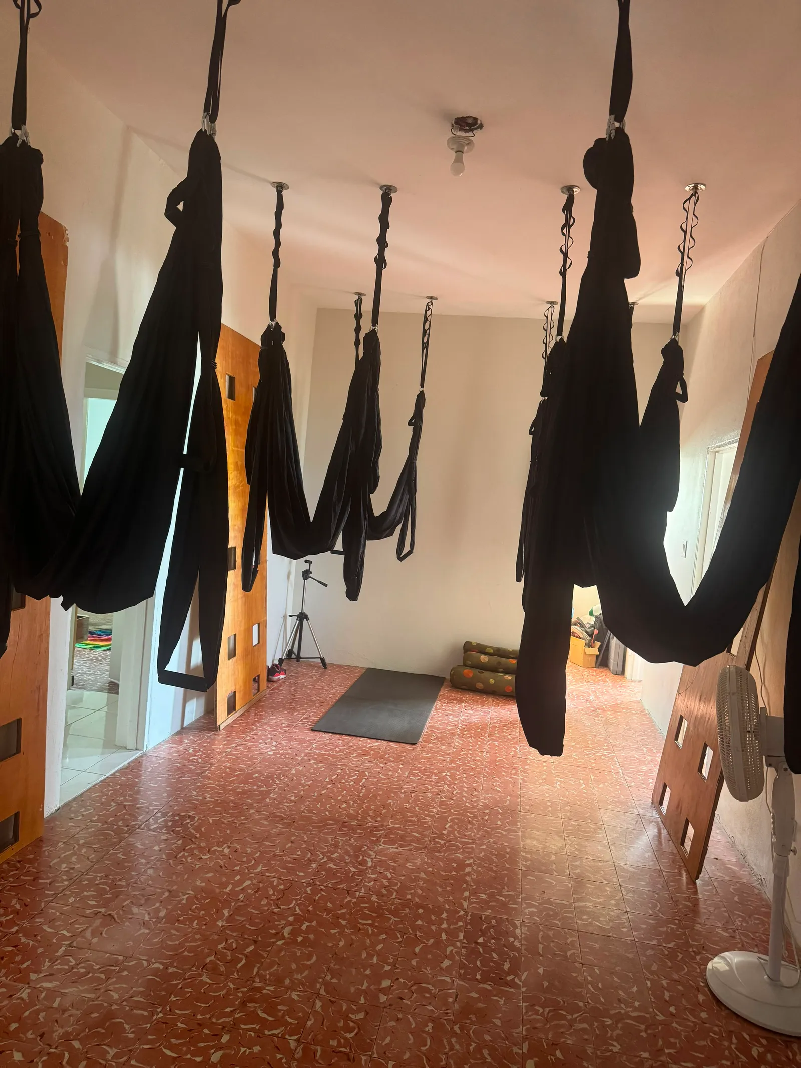 Aerial yoga hammocks hanging in the studio at the YAI Wellness Oasis
