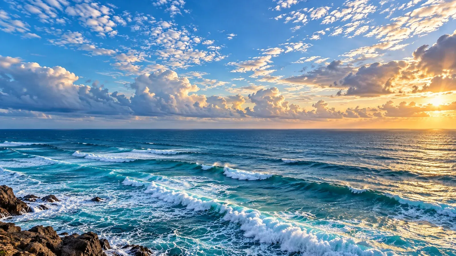 AI-generated wide-angle ocean image with turquoise waves, soft clouds, and warm sunlight