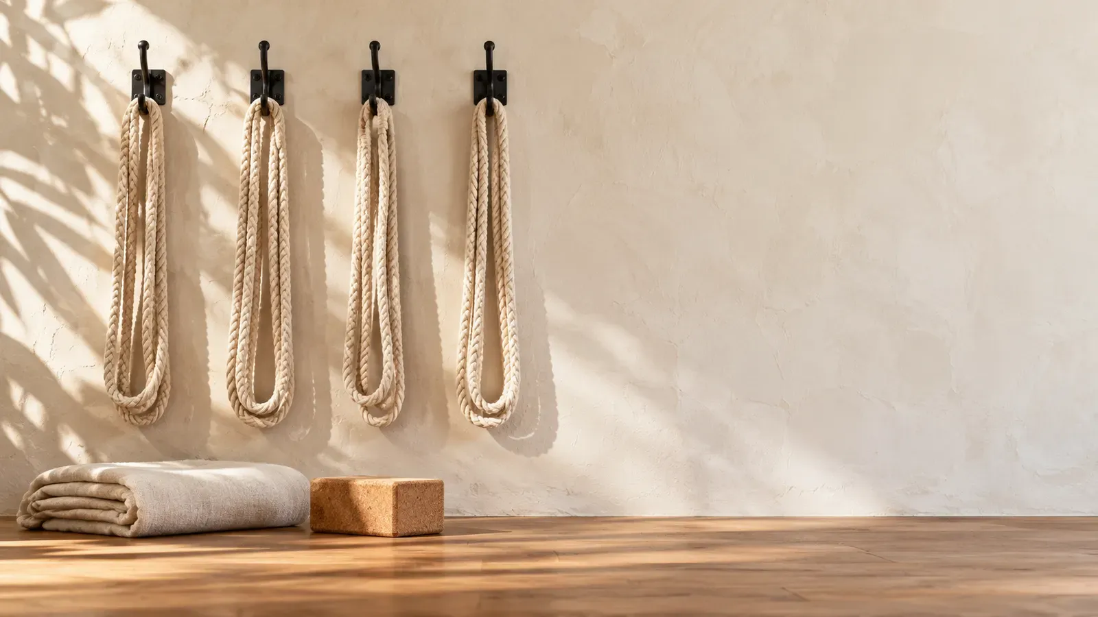 Yoga ropes hanging in loops from metal hooks on a pale studio wall, a still life with soft side light