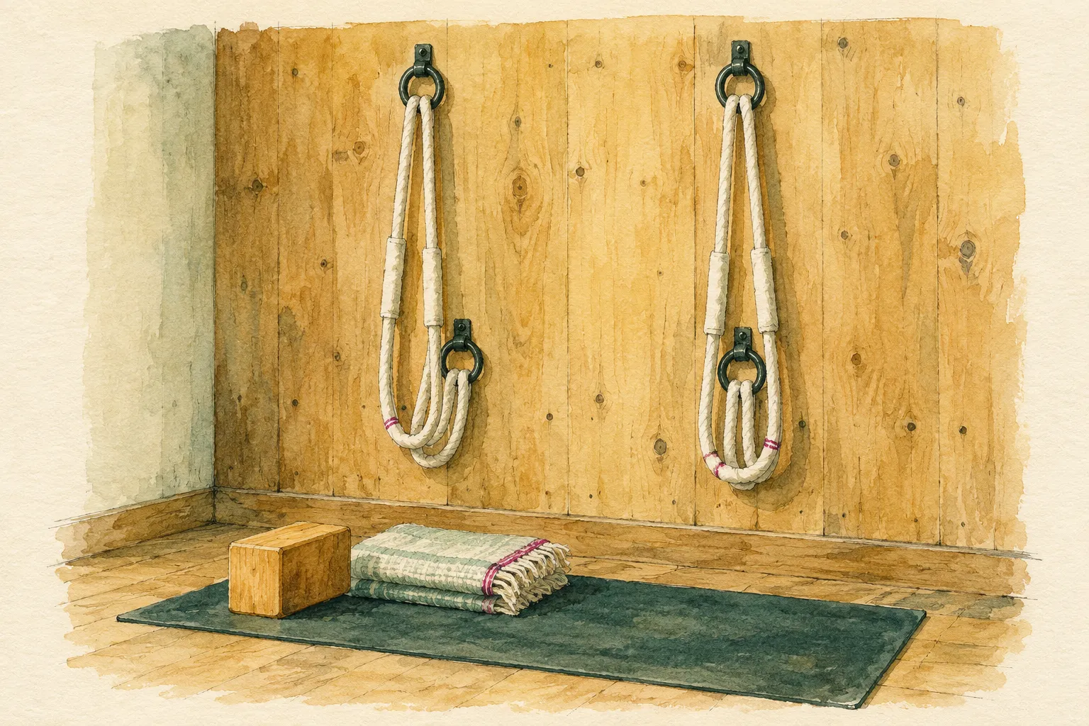 Illustration of a yoga rope wall: padded ropes looped through wall rings at two heights, with a block and blanket on the mat