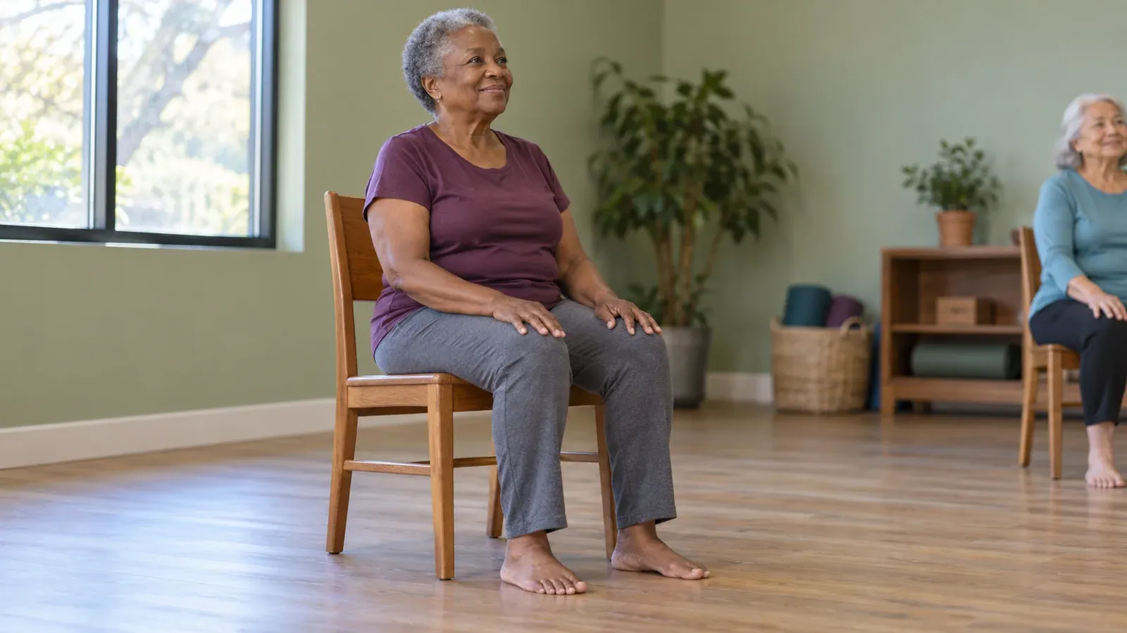 AI-generated illustration: an older adult sitting comfortably with both feet supported in a chair-based yoga session
