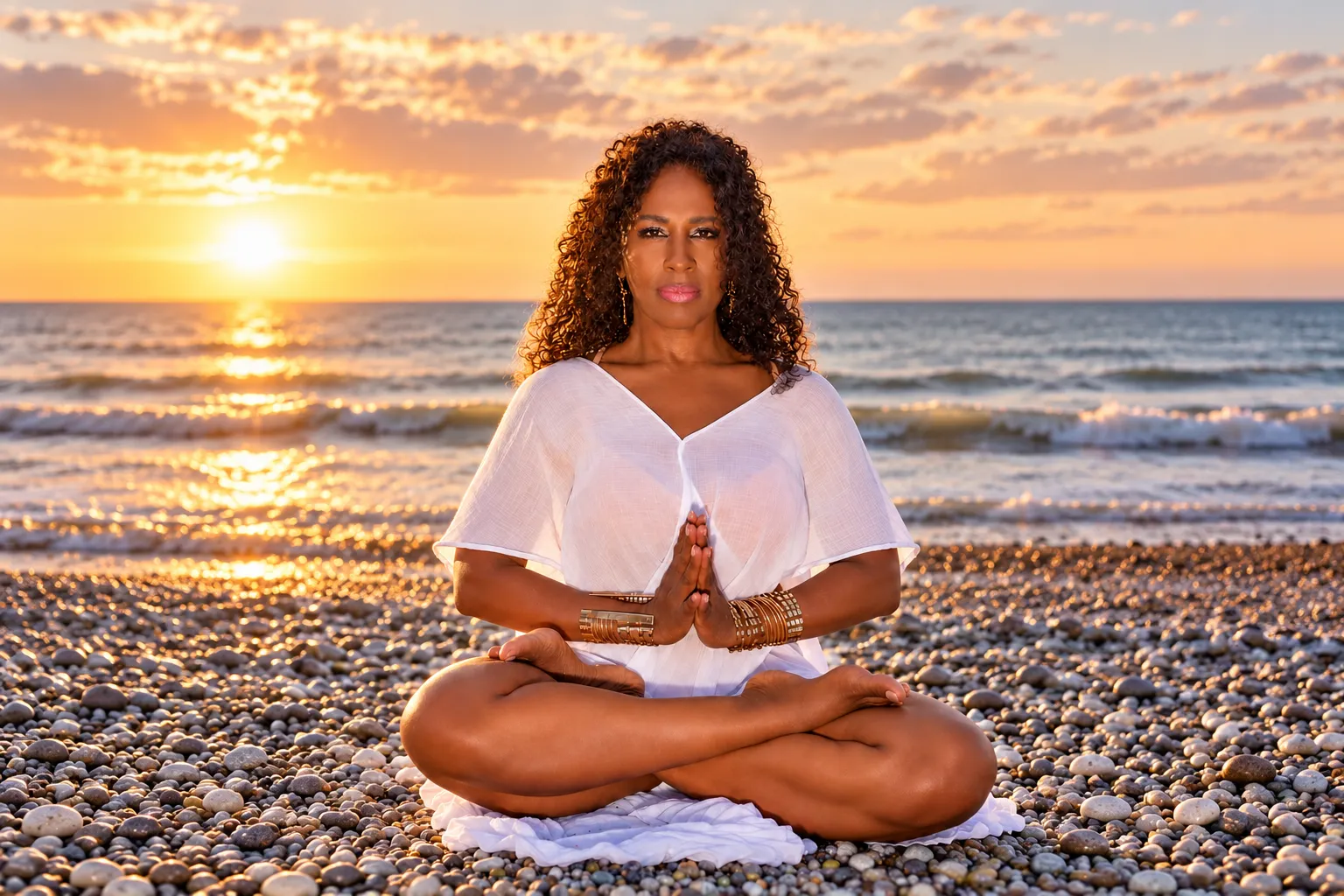 Subhadra (Sandra Griffiths) in meditation on a pebble beach at sunset