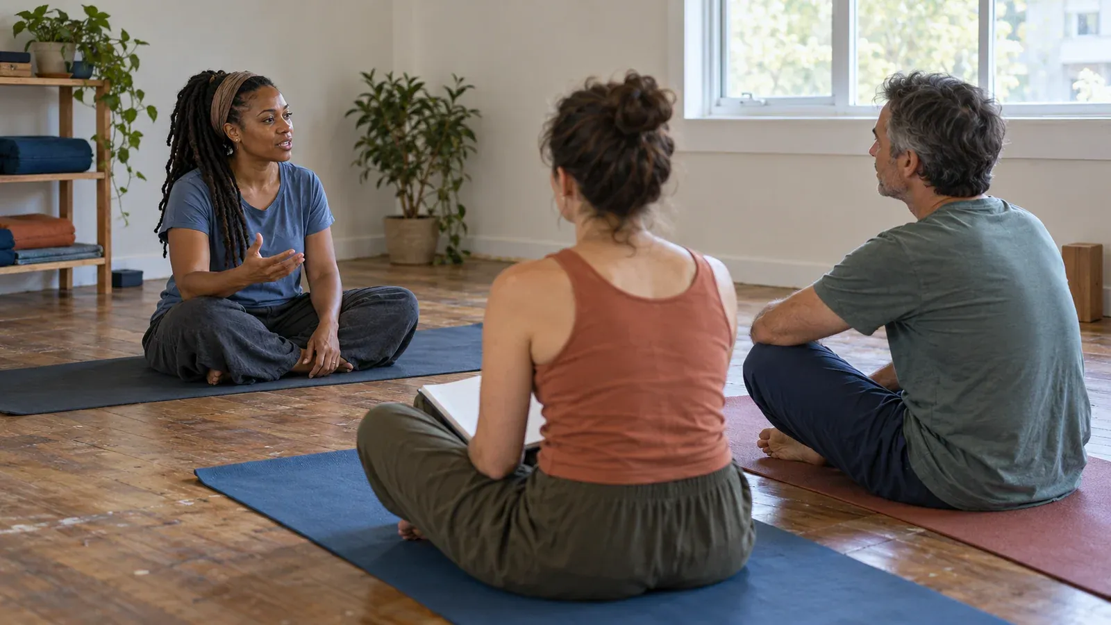 AI-generated illustration: a teacher discussing yoga practice with two adult learners