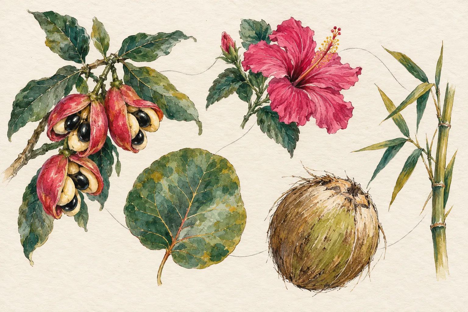 Sketchbook study of Caribbean plants: ackee, hibiscus, sea grape, coconut and bamboo