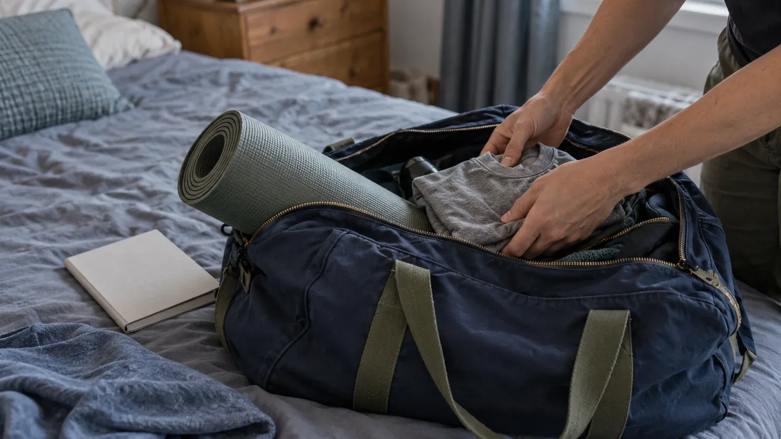 AI-generated illustration: packing a yoga mat and comfortable clothes for a training trip