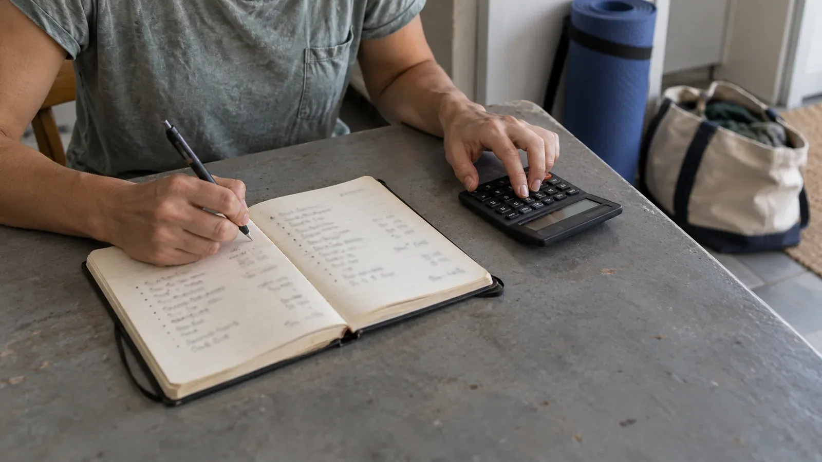 AI-generated illustration: a learner comparing training and travel expenses with a notebook and calculator