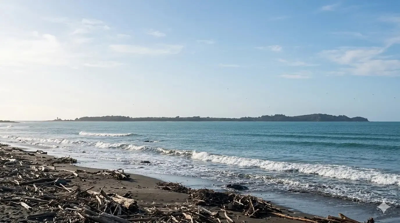 Waves rolling onto the dark-sand shore of St. Thomas, Jamaica