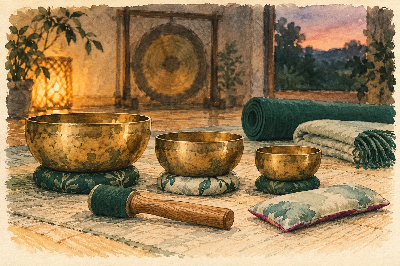 Illustration of a sound bath setup: singing bowls on cushions, a striker, a gong, a mat, a blanket and an eye pillow