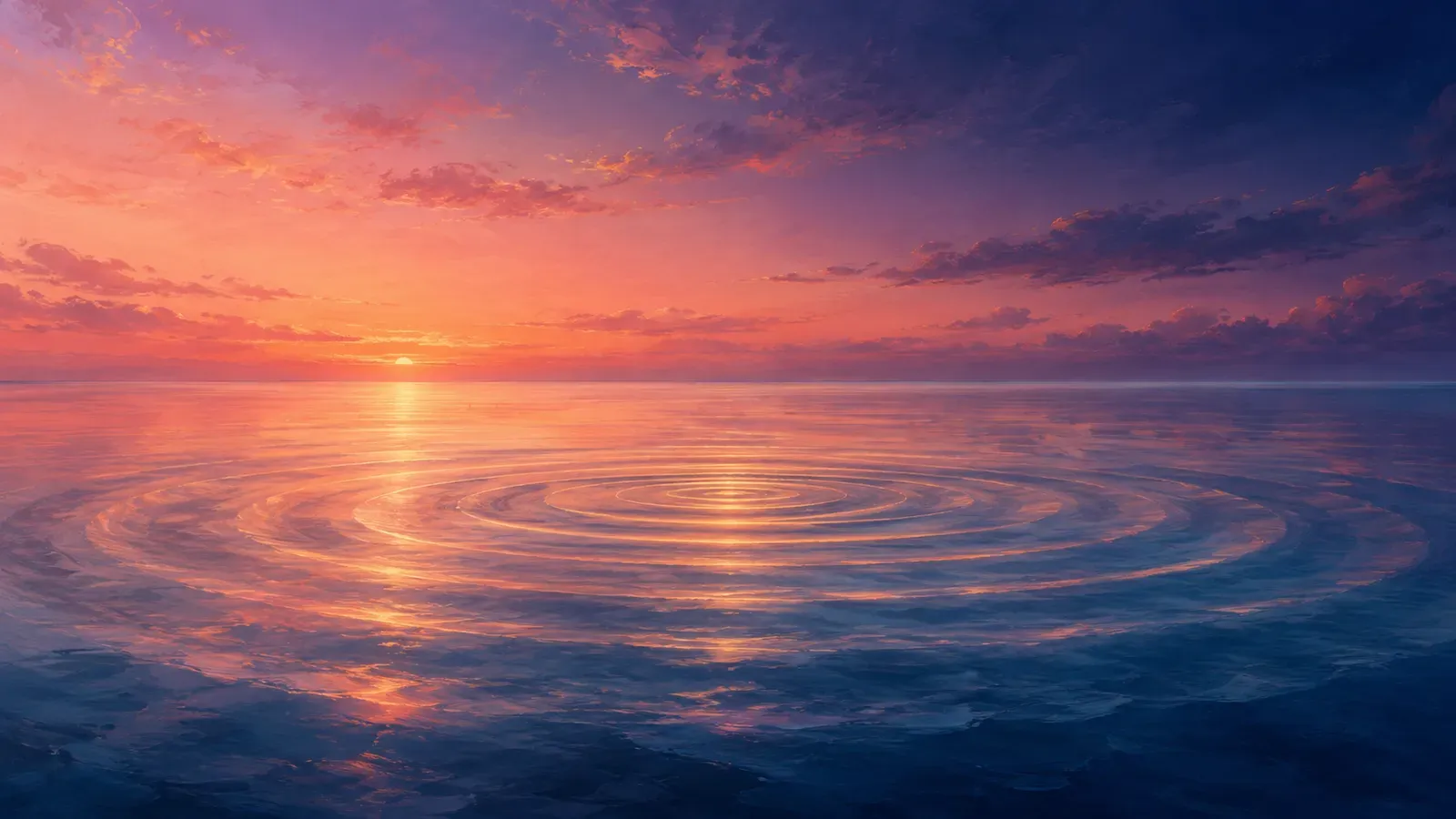 Abstract sound waves rippling across a calm ocean at dusk