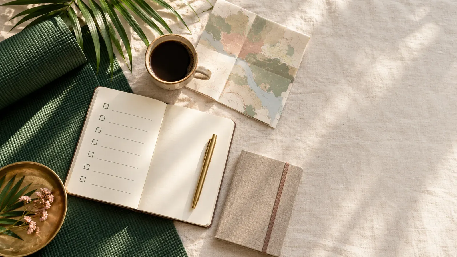 Yoga mat, blank training checklist, travel journal, coffee, and tropical leaf shadow arranged for planning yoga teacher training abroad