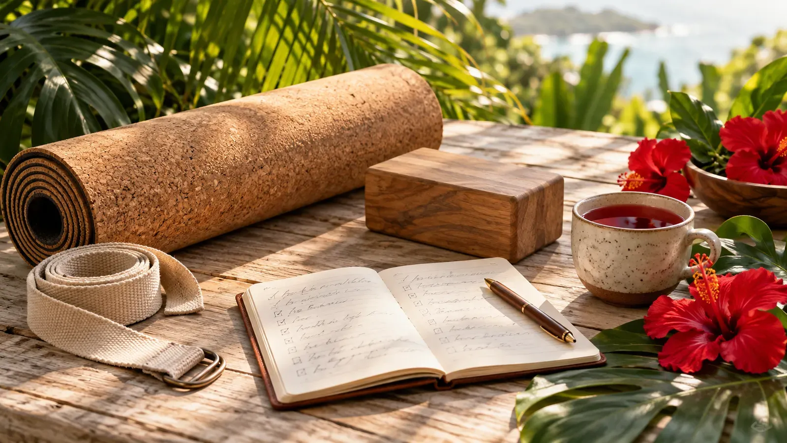 Yoga mat, strap, block, notebook and hibiscus tea on a wooden table in warm morning light